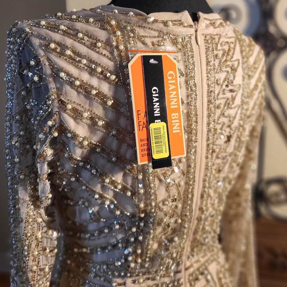 GIANNI BINI dress, champagne with gold and pearl beadwork for prom or wedding